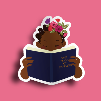 Girl Holding Book of Mormon- Bantu Knots Sticker