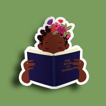 Girl Holding Book of Mormon- Bantu Knots Sticker