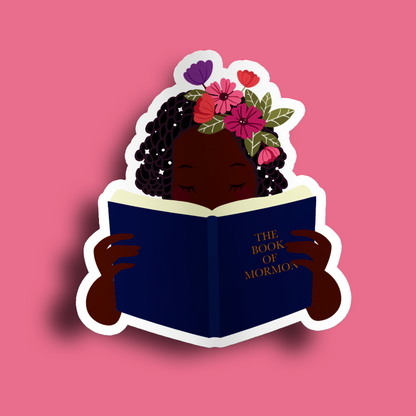 Girl Holding Book of Mormon- Short Box Braids Sticker